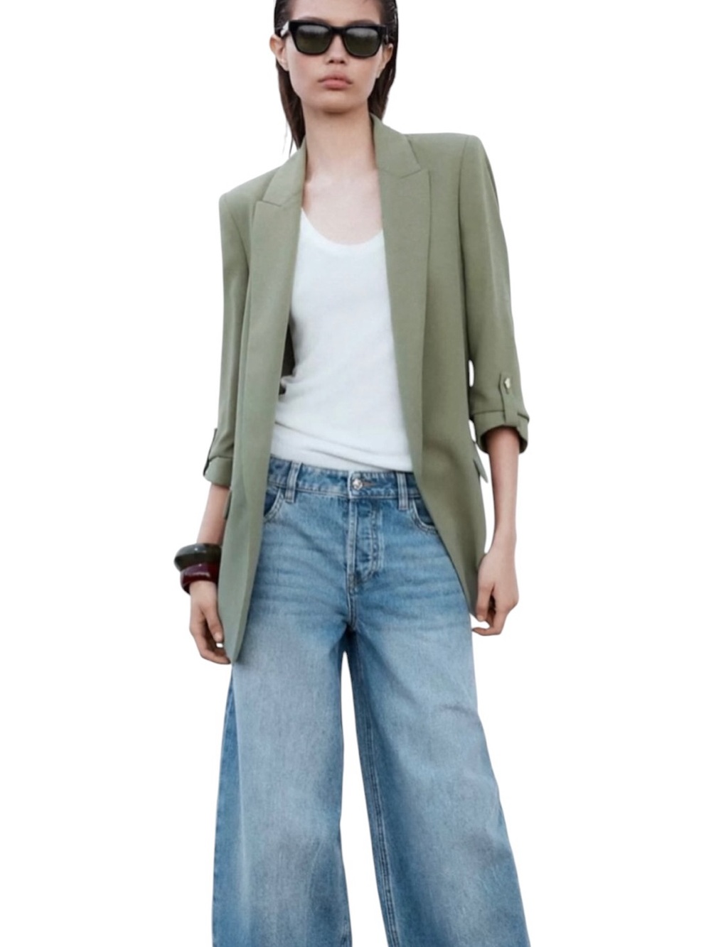 Zara Dark Sage Open Front Blazer‎ XL Rolled Sleeve Career Minimalist Jacket